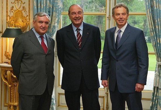 JournÃ©e de l'Europe - rencontre entre le PrÃ©sident de la RÃ©publique, M. Tony Blair, Premier ministre britannique et M. Jean-Pierre Ra ...